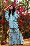 Juniper Blue Cambric Floral Print Tunic Sharara Set With Mask