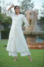 Juniper White Cotton Dobby Printed A-Line Kurta With Mask