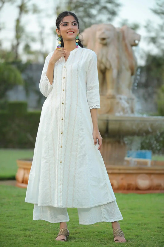 Juniper White Cotton Dobby Printed A-Line Kurta With Mask