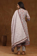 Juniper Grey Cambric Printed A-line Kurta Pant Dupatta Set with Mask