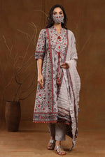 Juniper Grey Cambric Printed A-line Kurta Pant Dupatta Set with Mask