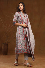 Juniper Grey Cambric Printed A-line Kurta Pant Dupatta Set with Mask