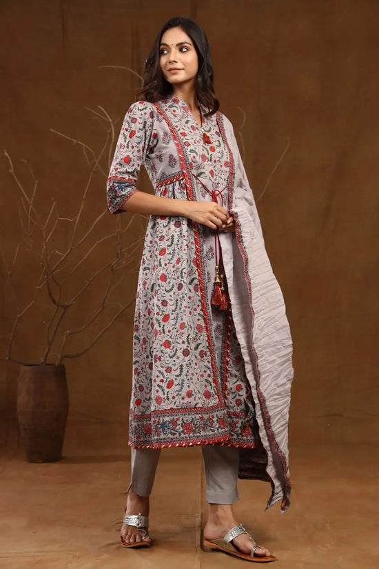 Juniper Grey Cambric Printed A-line Kurta Pant Dupatta Set with Mask