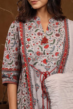 Juniper Grey Cambric Printed A-line Kurta Pant Dupatta Set with Mask