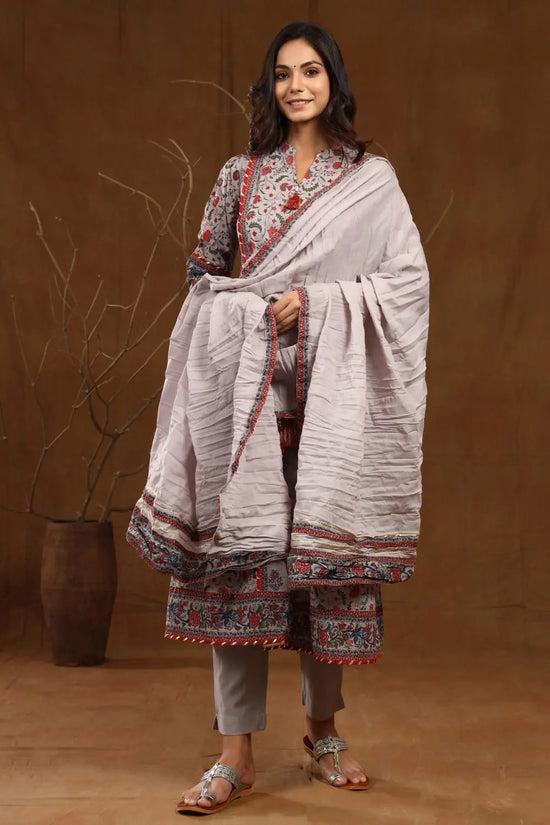 Juniper Grey Cambric Printed A-line Kurta Pant Dupatta Set with Mask