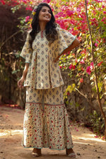 Juniper Beige Cambric Floral Print Tunic Sharara Set With Mask