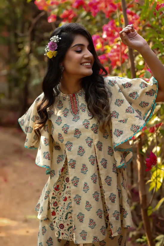 Juniper Beige Cambric Floral Print Tunic Sharara Set With Mask