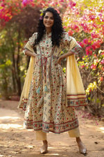 Juniper Beige Cambric Printed A-line Kurta Pant Dupatta Set with Mask