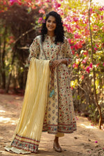 Juniper Beige Cambric Printed A-line Kurta Pant Dupatta Set with Mask