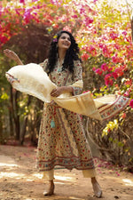 Juniper Beige Cambric Printed A-line Kurta Pant Dupatta Set with Mask