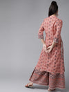 Juniper Peach Cambric Mexican Print Straight Kurta Palazzo Set With Mask