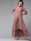 Juniper Peach Cambric Mexican Print Straight Kurta Palazzo Set With Mask