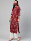 Juniper Maroon Rayon Slub Bandhani Straight Kurta With Mask