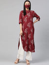 Juniper Maroon Rayon Slub Bandhani Straight Kurta With Mask