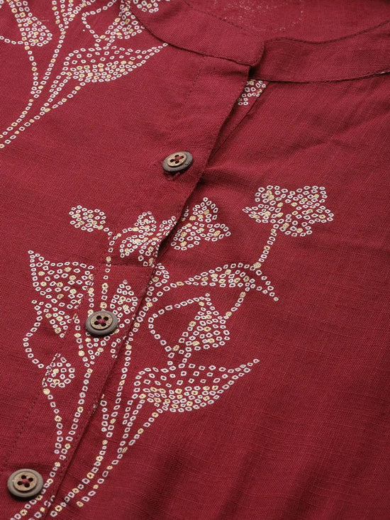 Juniper Maroon Rayon Slub Bandhani Straight Kurta With Mask