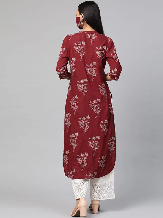 Juniper Maroon Rayon Slub Bandhani Straight Kurta With Mask