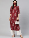 Juniper Maroon Rayon Slub Bandhani Straight Kurta With Mask