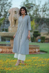 Juniper Grey Cotton Dobby Printed A-Line Kurta with Mask