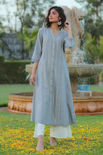 Juniper Grey Cotton Dobby Printed A-Line Kurta with Mask