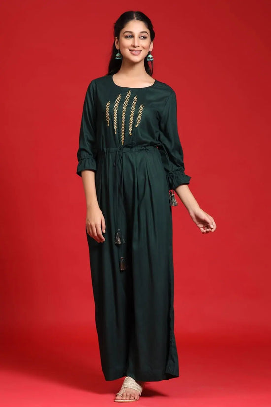 Juniper Jadegreen Rayon Slub Bandhani A-Line Kurta With Mask