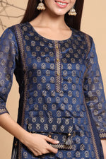 Juniper Navy Chanderi Silk Printed Layered Kurta Dress With Purse & Hair-Band