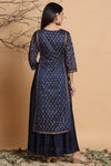 Juniper Navy Chanderi Silk Printed Layered Kurta Dress With Purse & Hair-Band