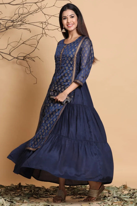 Juniper Navy Chanderi Silk Printed Layered Kurta Dress With Purse & Hair-Band