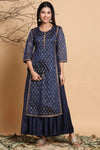 Juniper Navy Chanderi Silk Printed Layered Kurta Dress With Purse & Hair-Band