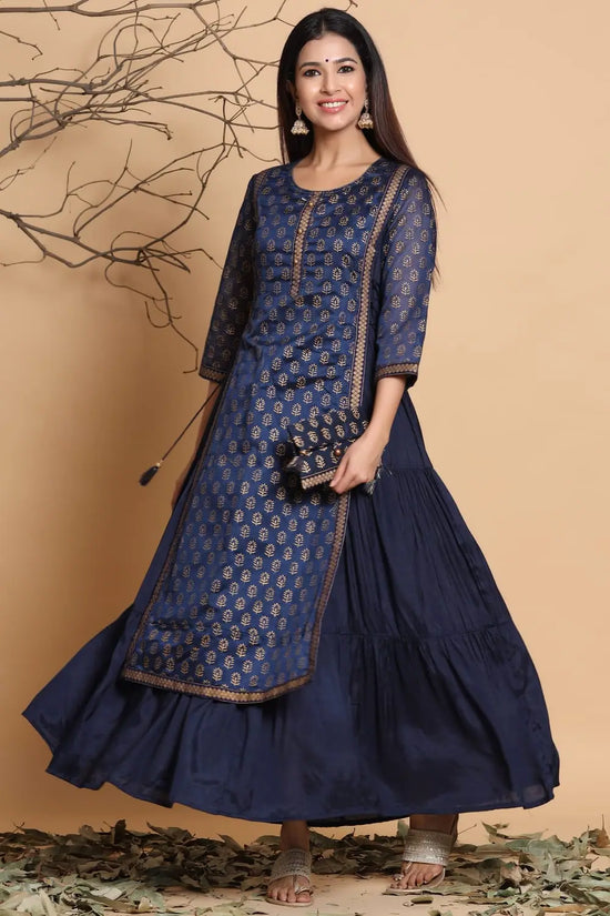 Juniper Navy Chanderi Silk Printed Layered Kurta Dress With Purse & Hair-Band