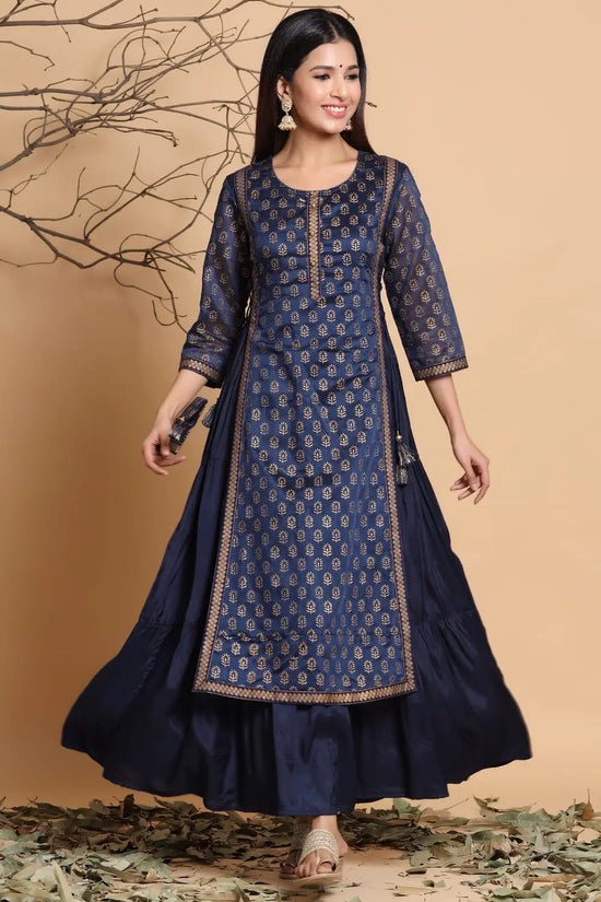 Juniper Navy Chanderi Silk Printed Layered Kurta Dress With Purse & Hair-Band