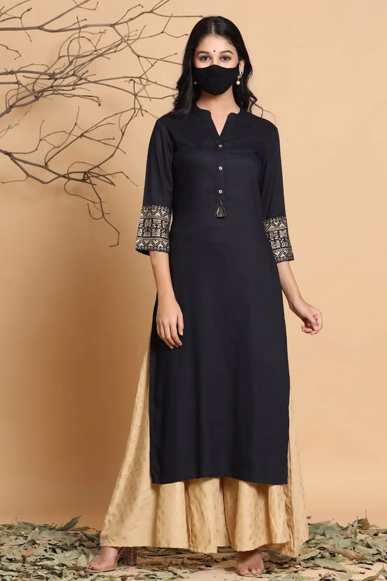 Juniper Black Rayon Printed Straight Kurta With Mask