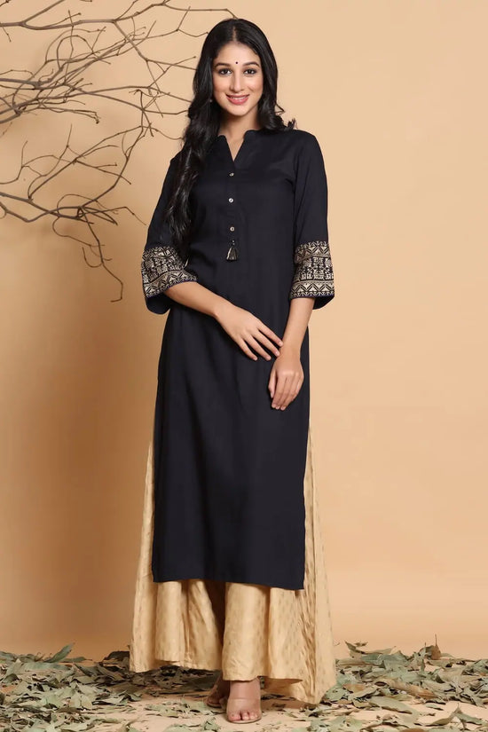 Juniper Black Rayon Printed Straight Kurta With Mask