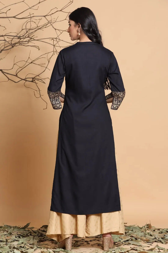 Juniper Black Rayon Printed Straight Kurta With Mask