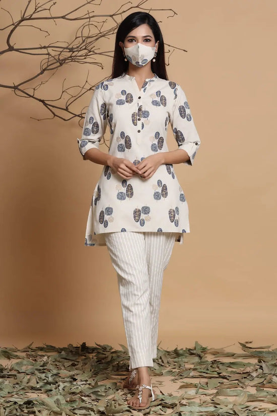 Juniper Natural Cotton Flex Printed High Low Kurta With Mask