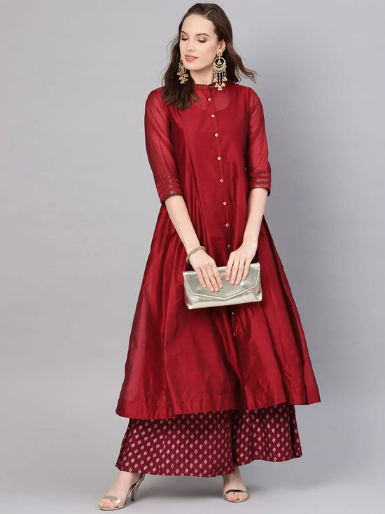 Juniper Maroon Chanderi Embellished Jacket Style 2 Piece Kurta