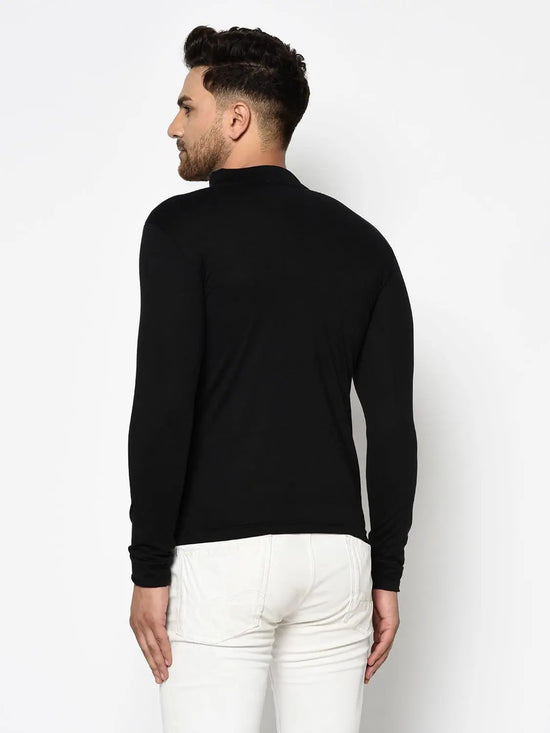 Men Black High Neck Zip Full Sleeve T-Shirt