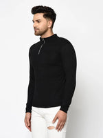 Men Black High Neck Zip Full Sleeve T-Shirt