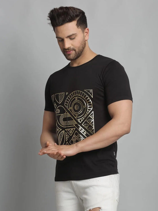 Men Black Foil Print Half Sleeve T-Shirt