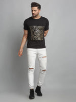 Men Black Foil Print Half Sleeve T-Shirt