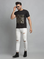 Men Black Foil Print Half Sleeve T-Shirt