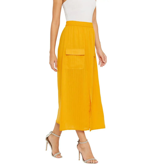 Adults-Women Solid Mustard Skirt With Front Slit