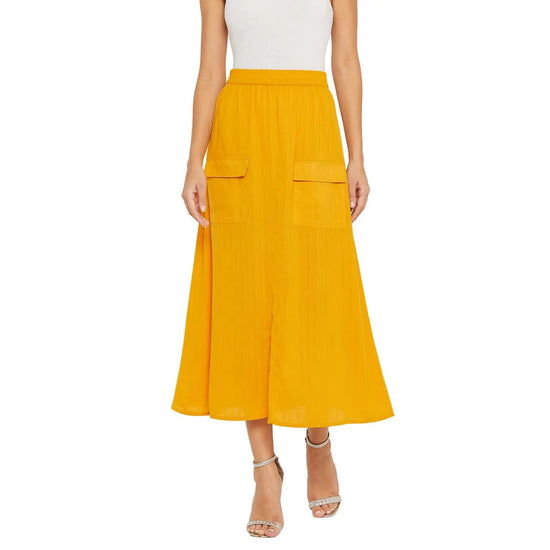 Adults-Women Solid Mustard Skirt With Front Slit