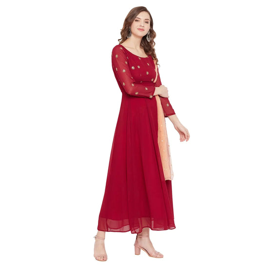 Adults-Women Maroon Sun Emb. Dress With Attached Dupatta