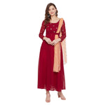 Adults-Women Maroon Sun Emb. Dress With Attached Dupatta