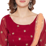 Adults-Women Maroon Sun Emb. Dress With Attached Dupatta