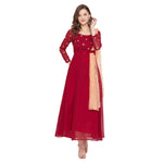 Adults-Women Maroon Sun Emb. Dress With Attached Dupatta