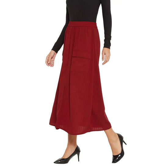 Adults-Women Solid Maroon Skirt With Front Slit