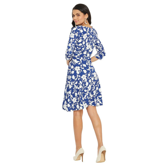 Adults-Women Blue And White Floral Printed A-line Dress