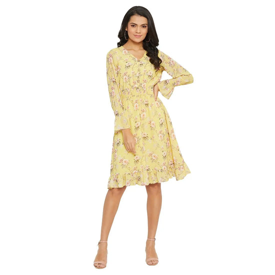 Adults-Women Lemon Floral Print Smocked A-line Dress