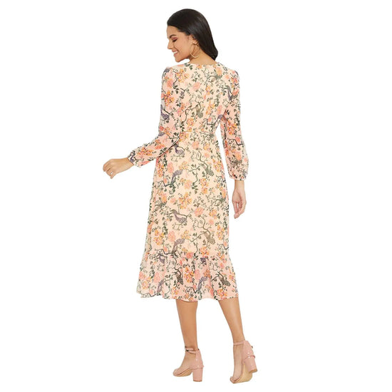 Adults-Women's Peach Printed Dress With Elasticated Waist